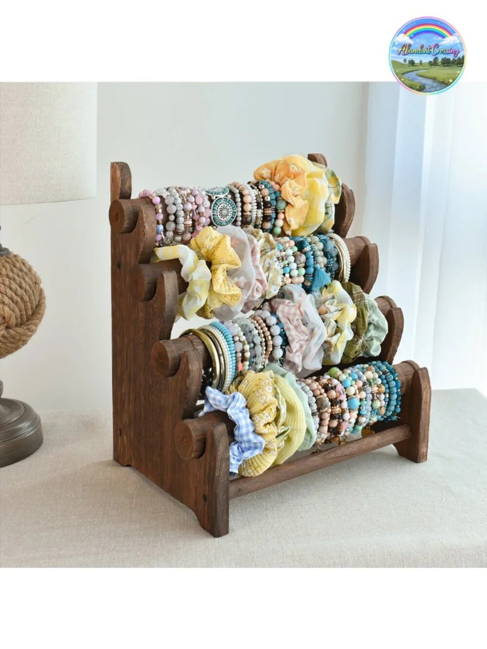Wooden 4 Tier Jewelry Bracelet Display Stand Bangle Scrunchie Organizer